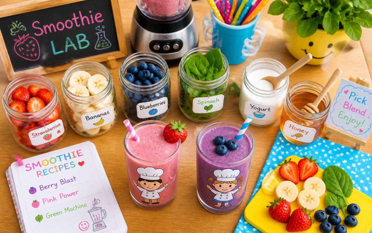 Smoothie laboratory with fruits and blenders